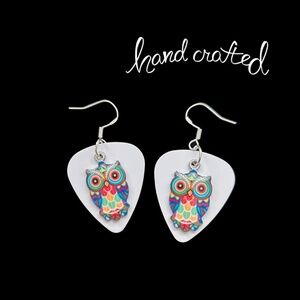 Handcrafted Earrings Repurposed Guitar Picks Wise is the Owl Silver Plate Wires